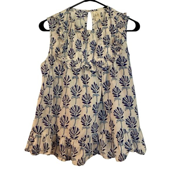 Sole by Mare blue block print ruffled blouse small - Picture 1 of 9